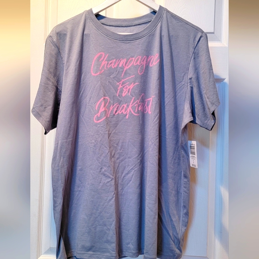Torrid Iight Blue Top With Pink Lettering "Champagne For Breakfast" NWT